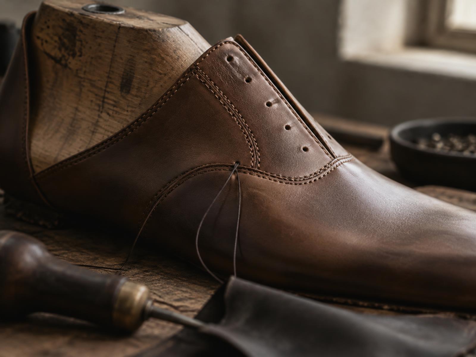Hand-stitched leather upper on a wooden last